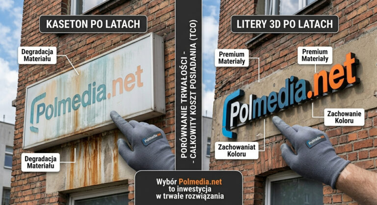 Por&oacute;wnanie trwałości kasetonu i liter 3D po latach użytkowania