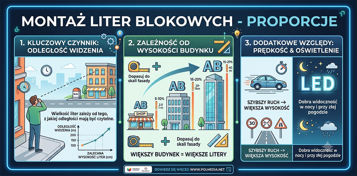 Montaż liter blokowych 3D z zachowaniem proporcji budynku