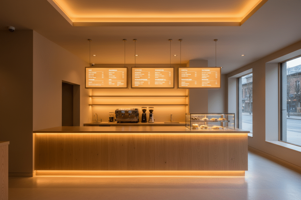 Ergonomiczne rozmieszczenie tablic menu nad ladą sprzedażową Ergonomiczne rozmieszczenie tablic menu nad ladą sprzedażową
