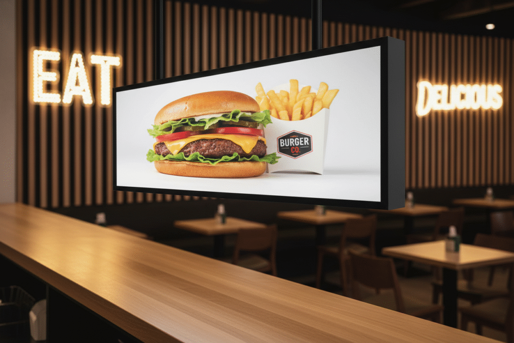 Podświetlany kaseton menu typu slim w nowoczesnym lokalu Podświetlany kaseton menu typu slim w nowoczesnym lokalu